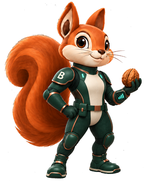 La mascota de Nuezbit, una ardilla con traje, sosteniendo una nuez